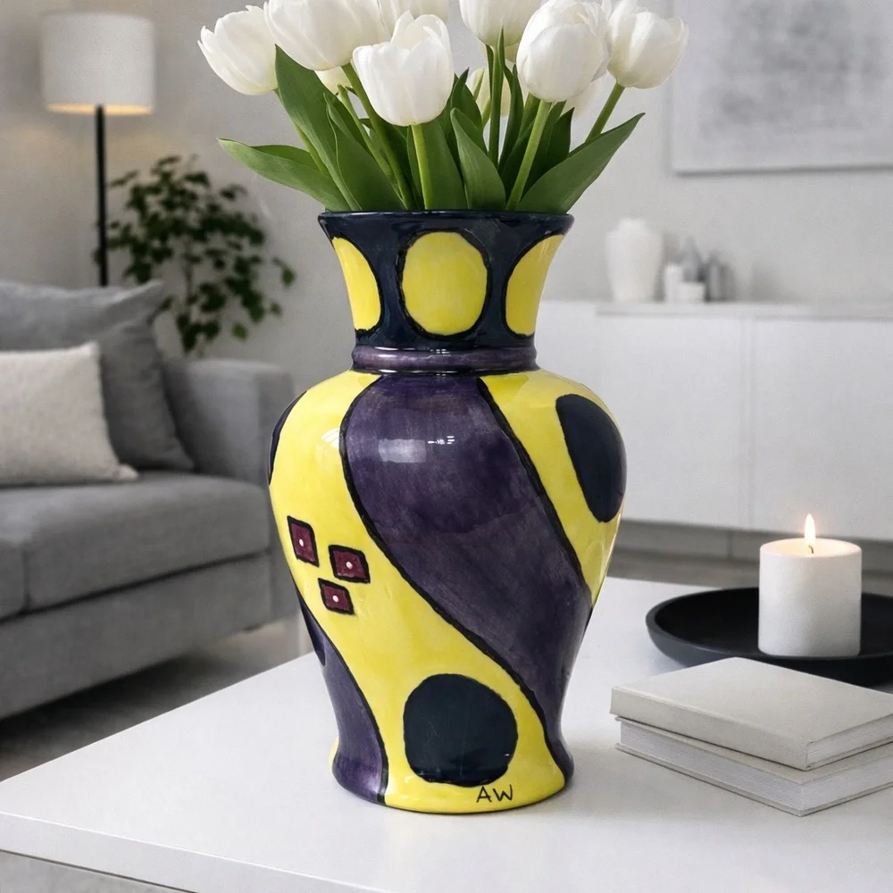 HANDMADE ART POTTERY CERAMIC VASE ABSTRACT‎ COLORFUL SIGNED 